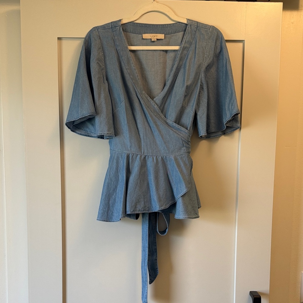 LOFT Denim Chambray Peplum Wrap Blouse